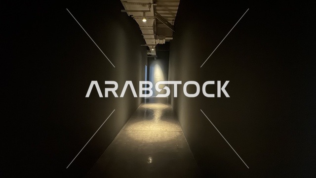 ممر باضاءة خافتة في معرض الرسوم المتحركة في مدينة جدة، المملكة العربية السعودية، فعالية فنية وترفيهية مخصصة لعالم الأنيميشن، عرض شخصيات وأعمال كرتونية، تجارب تفاعلية وعروض بصرية، أنشطة تعليمية وترفيهية للأطفال والعائلات، أجواء تجمع الفن والتقنية.