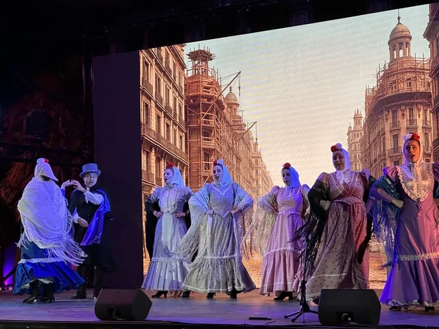 A group of dancers in traditional costumes at the Spain Street event at the King Abdulaziz Center for World Culture "Ithra" in Dhahran, Eastern Province, Saudi Arabia, on October 11, 2025, featuring interactive activities for families and children, flamenco dances, live musical and artistic performances, Spanish-themed restaurants and cafes, and a vibrant festive atmosphere.