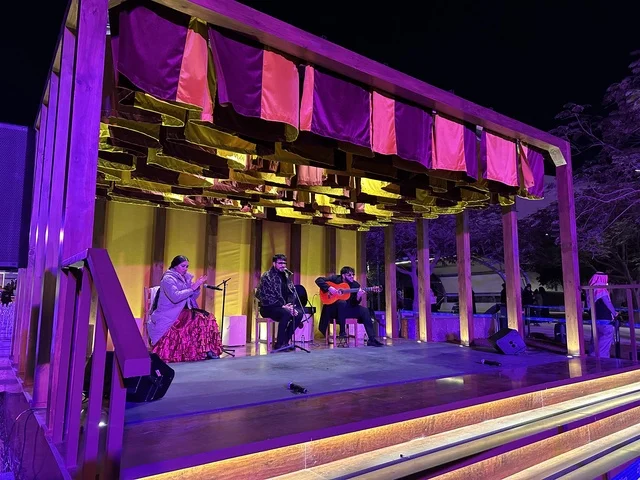 A live music show at the Spain Street event at the King Abdulaziz Center for World Culture "Ithra" in Dhahran, Eastern Province, Saudi Arabia, on October 11, 2025, featuring interactive activities for families and children, flamenco dances, live musical and artistic performances, Spanish-themed restaurants and cafes, and a vibrant festive atmosphere.
