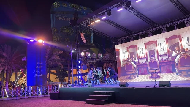 A group of artists presents a theatrical performance at the Spain Street event in the King Abdulaziz Center for World Culture "Ithra" in Dhahran, Eastern Province, Saudi Arabia, on October 11, 2025. There will be interactive activities for families and children, flamenco dances, live musical and artistic performances, Spanish-themed restaurants and cafes, and a vibrant festive atmosphere.