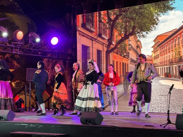 A folk dance show at the Spain Street event in the King Abdulaziz Center for World Culture "Ithra" in Dhahran, Eastern Province, Saudi Arabia, on October 11, 2025, interactive activities for families and children, flamenco dances, live musical and artistic performances, Spanish-themed restaurants and cafes, and a vibrant festive atmosphere.