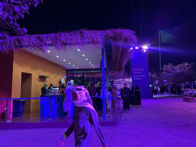 A luxurious restaurant at the Spain Street event in the King Abdulaziz Center for World Culture "Ithra" in Dhahran, Eastern Province, Saudi Arabia, on October 11, 2025, featuring interactive activities for families and children, flamenco dances, live musical and artistic performances, Spanish-themed restaurants and cafes, and a vibrant festive atmosphere.