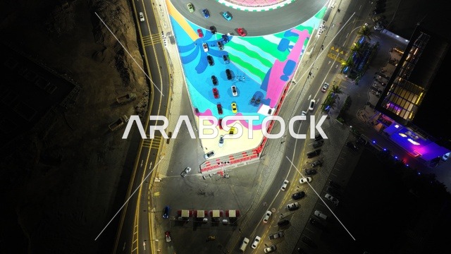 حلبة سباق الفورميلا في جدة بالمملكة العربية السعودية ليلا، الشوارع والطرق في جدة، معالم السعودية، حلبة سباق مضيئة، حلبة كورنيش جدة، السياحة في السعودية