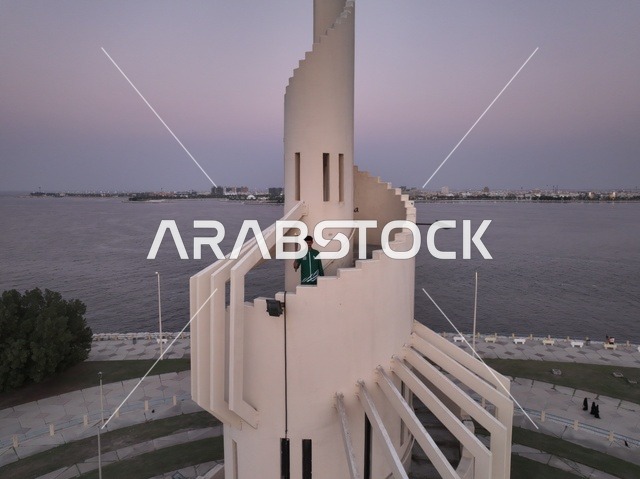 The waterfront of the islands and beaches, the coastal area in the Kingdom of Saudi Arabia, the Malwi Tower on Marjan Island on the Corniche of Dammam, the architectural engineering art of tourist landmarks.