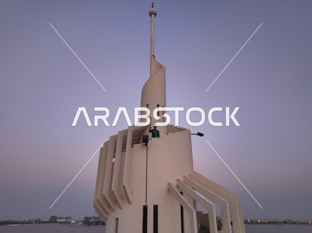 The waterfront of the islands and beaches, the coastal area in the Kingdom of Saudi Arabia, the Malwi Tower on Marjan Island on the Corniche of Dammam, the architectural engineering art of tourist landmarks.