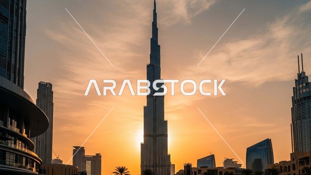 النمو والتقدم العمراني لبرج خليفة وناطحات السحاب  في مدينة دبي، الفن الهندسي المعماري على الطراز الحديث، منظر غروب الشمس في السماء، معالم وأماكن سياحية مشهورة في الإمارات العربية المتحدة