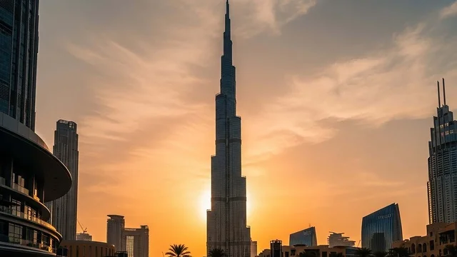النمو والتقدم العمراني لبرج خليفة وناطحات السحاب  في مدينة دبي، الفن الهندسي المعماري على الطراز الحديث، منظر غروب الشمس في السماء، معالم وأماكن سياحية مشهورة في الإمارات العربية المتحدة