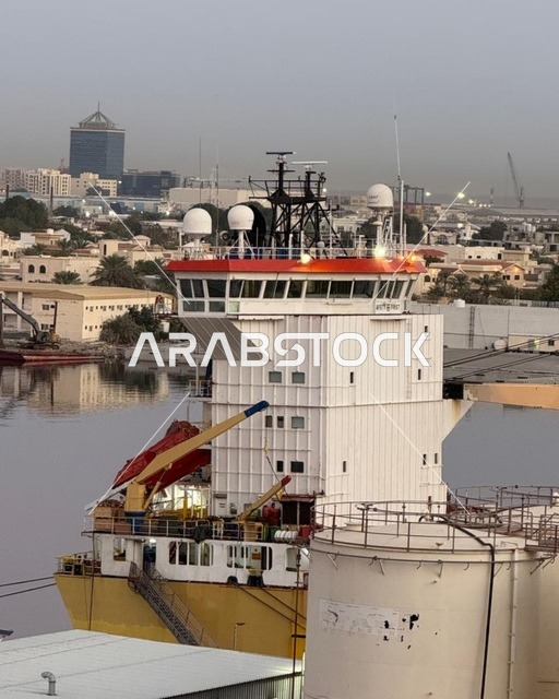 البواخر في ميناء عجمان صباحا، دولة الإمارات العربية المتحدة، مشهد بحري هادئ يعكس بداية يوم جديد، ألوان السماء الدافئة تنعكس على سطح البحر، حركة السفن في الميناء، أجواء صباحية ناعمة تجمع بين النشاط البحري والطبيعه