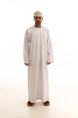 Omani Man in Traditional Dishdasha on White Background