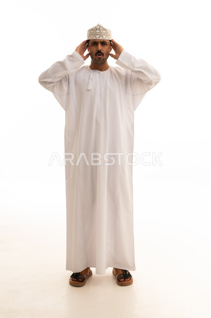 Omani Man Shouting in Traditional Dress White Background