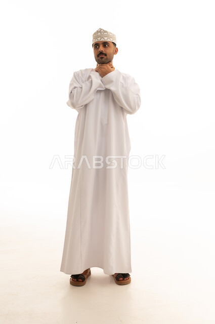 Omani Man in Traditional Dress Choking on White Background