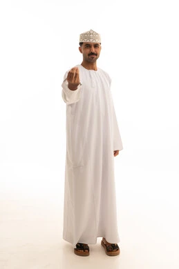 Omani Man in Traditional Dishdasha on White Background
