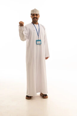 Omani Man in Traditional Attire with ID Badge
