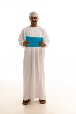 Omani Man in Dishdasha Holding Blue Folder