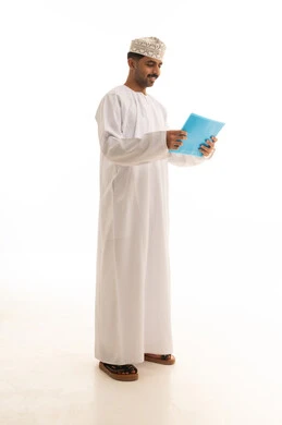 Omani Man in Traditional Dress Holding Blue Folder