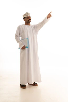 Omani Man Pointing Upwards with Clipboard White Background