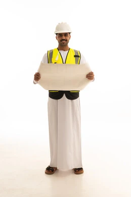 Omani Male Engineer with Blueprint on White Background