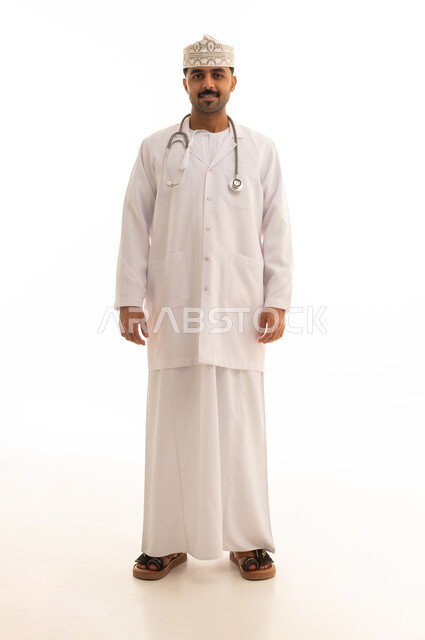 Omani Doctor in Traditional Kumma on White Background