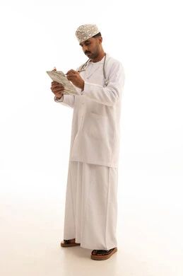 Omani Doctor in White Lab Coat with Clipboard