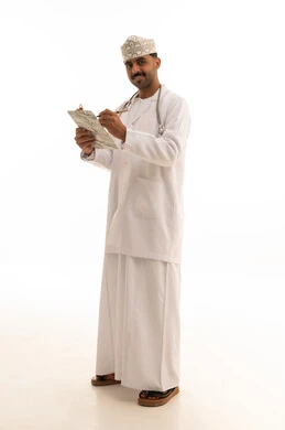 Omani Male Doctor with Clipboard on White Background