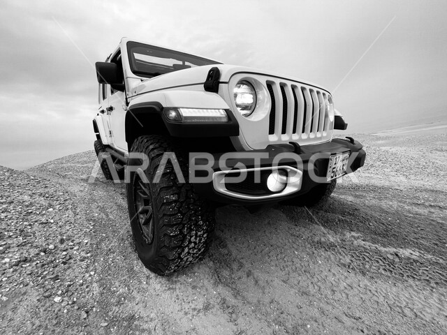 صورة بالأبيض والأسود للكثبان الرملية الصحراوية في المملكة العربية السعودية ، الرمال الناعمة ، جمال المناظر الطبيعية الصحراوية في السعودية ، جيب رانجلر الرياضي بتصميم عصري جذاب تسير في وسط الصحراء ، صحاري السعودية