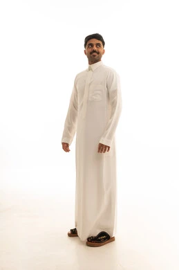 Saudi Man in Traditional White Thobe on White Background
