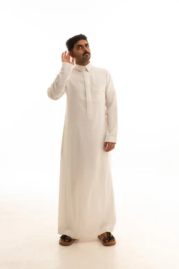 Saudi Man in White Thobe Listening on White Background