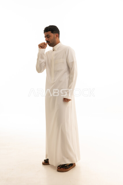 Saudi Man in White Thobe Coughing on White Background