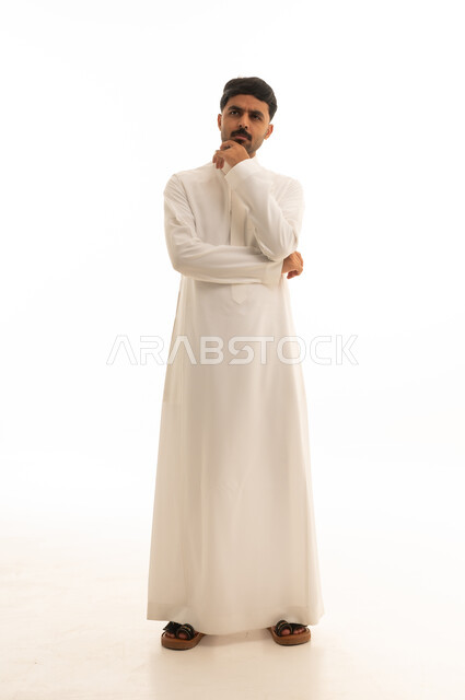 Saudi Man in White Thobe Thinking on White Background