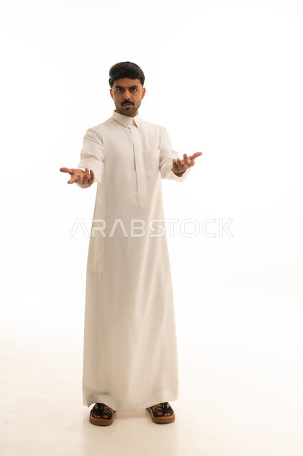 Full Body Saudi Man in White Thobe White Background