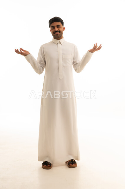 Saudi Man in White Thobe Smiling on White Background