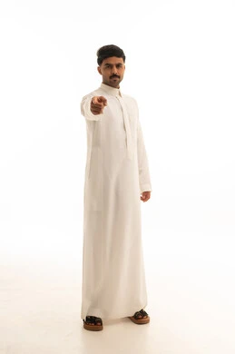Saudi Man Pointing Finger in White Thobe Studio Shot