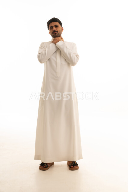 Saudi Man in Thobe Choking Gesture on White Background