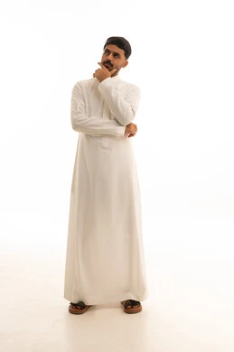 Saudi Man in White Thobe Thinking on White Background