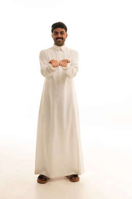 Saudi Man in White Thobe Holding Open Hands