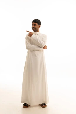 Saudi Man in Thobe Pointing on White Background