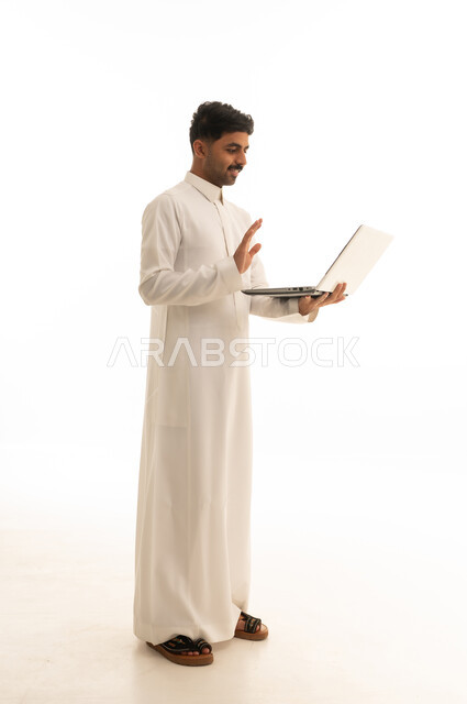 Saudi Man with Laptop Waving on White Background