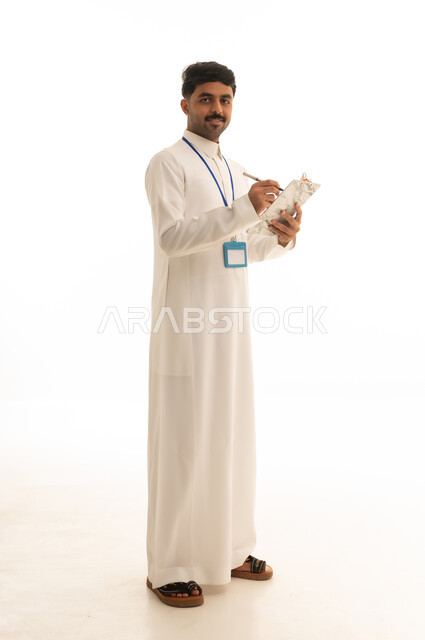 Saudi Man in Thobe Writing on Clipboard White Background
