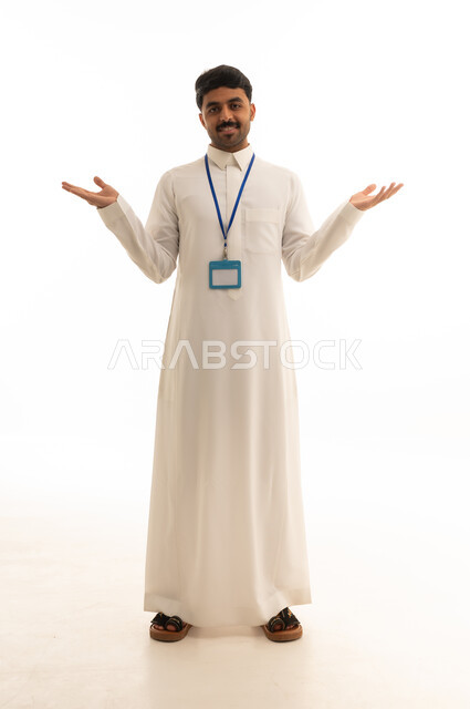 Saudi Man in White Thobe with ID Badge on White Background