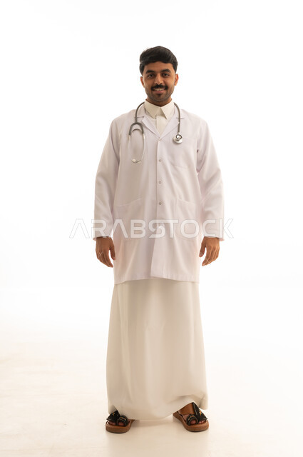 Saudi Male Doctor in Lab Coat Full Body Shot