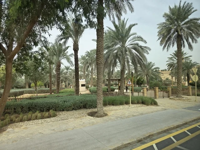 معالم أثرية تاريخية قديمة، أسوار الدرعية القديمة في مدينة الرياض في المملكة العربية السعودية، الفن الهندسي المعماري القديم، المباني الأثرية والبيوت الطينية في حي الطريف في الدرعية، أشجار النخيل الخضراء، مناطق السياحة التراثية في السعودية