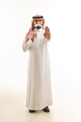 Saudi Man in Thobe with Mustache Prop and Stop Gesture