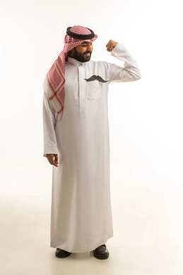 Saudi Man in Traditional Thobe Flexing Muscles
