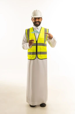 Saudi Engineer in White Thobe Holding Mustache Prop