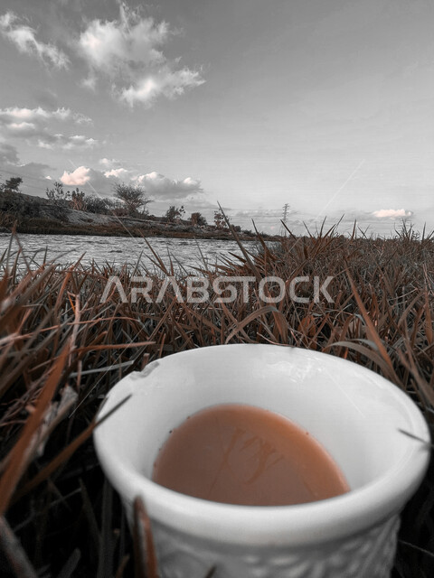 صورة جمالية مقربة لفنجان قهوة وسط العشب ، جمال الطبيعة الخلابة في المملكة العربية السعودية ، الاستمتاع بشرب القهوة بالطبيعة ، أماكن سياحية