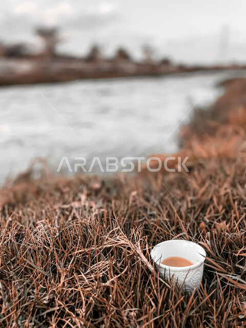صورة جمالية مقربة لفنجان قهوة وسط العشب ، جمال الطبيعة الخلابة في المملكة العربية السعودية ، الاستمتاع بشرب القهوة بالطبيعة ، أماكن سياحية