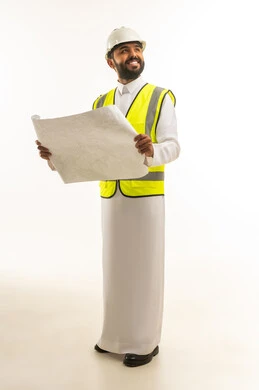 Saudi Engineer Holding Blueprints on White Background