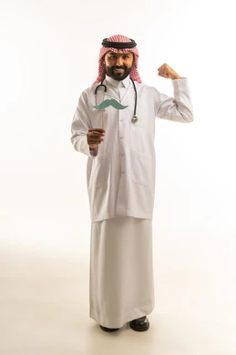 Saudi Male Doctor with Mustache Prop on White Background
