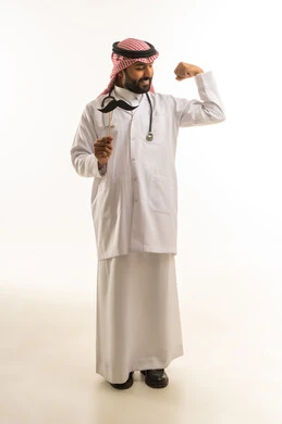 Saudi Doctor in Traditional Dress Flexing with Mustache