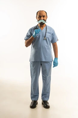 Saudi Male Doctor in Blue Scrubs with Mustache Prop